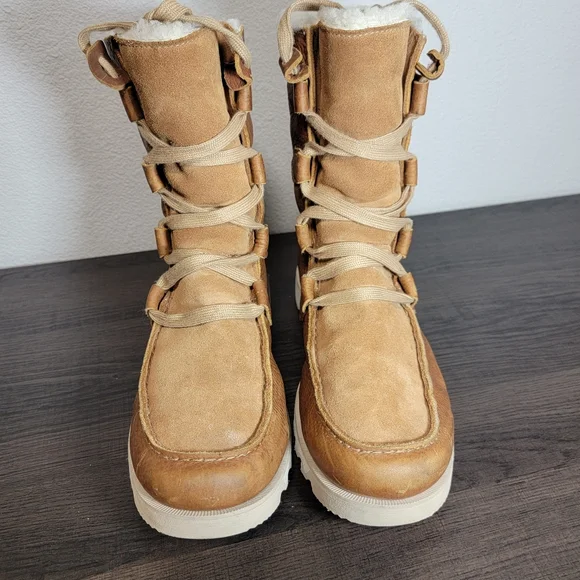 Sorel Kezar Waterproof Leather- Suede Tall Storm Sherpa Lined Laceup Boots Tan - Picture 7 of 8